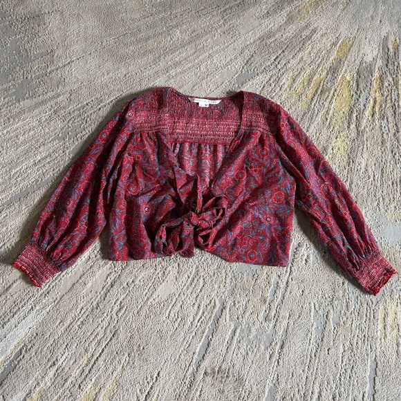 Veronica Beard Sarah floral wrap blouse tie red long sleeve crop top medium - Picture 2 of 14